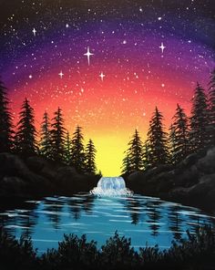 an acrylic painting of a waterfall in the night sky with stars above it