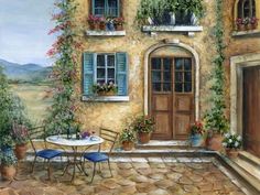 a painting of a table and chairs in front of a building with flowers on the windows