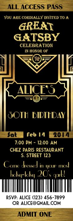 a black and gold birthday party ticket with an art deco design on the front side