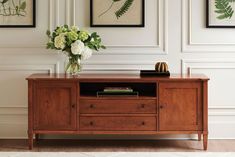 MONACO MEDIA CABINET WITH CABLE MANAGEMENT Media Console Living Room, Console Living Room, Inside Door, Dovetail Joinery, Wire Management, Media Cabinet, Drawer Box, Media Console, Media Center