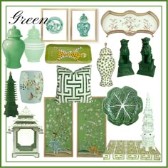 a collage of green and white items including vases, plates, lamps and pictures