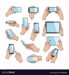 hands holding and touching smart phones with different angles - technology conceptual, mobile phone icons