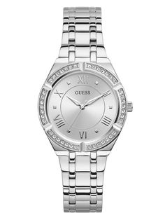 The perfect polished touch for any outfit, this silver-tone analog watch features a silver sunray dial and a crystal-encrusted bezel. Case diameter in mm: 36  Water resistant up to 30M/100ft  Two year limited warranty Guess Women Watches, Silver Watches Women, Guess Watch, Analog Watch, Metal Bracelets, Watches Jewelry, Stainless Steel Bracelet, Silver Watch