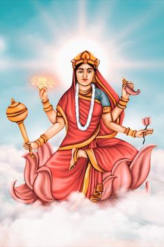 the hindu god sitting on top of clouds with his hands up in the air and holding a