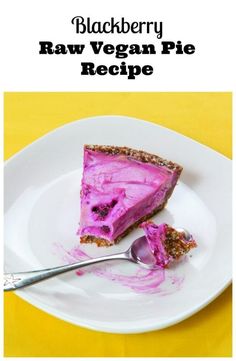 a slice of raw vegan pie on a white plate with a spoon and yellow background