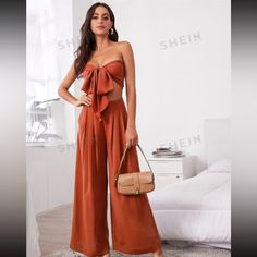 Never Worn, Did Not Return It On Time. Very Cute For Summer/Travel. Bundle With Other Items For Discount! Engagement Party Attire, Minimalist Gown, Pleated Wide Leg Pants, Minimalist Dresses, Crop Top Outfits, Cute Crop Tops, Orange Fashion, Two Piece Outfit, Wide Leg Trousers