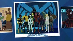 the animated characters are standing in front of blue background and text that reads, shield academy est graduating class