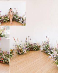 a woman sitting on the floor with flowers in front of her and behind her, there are three different shots