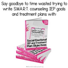 a stack of pink and white pamphlets with the words, say goodbye to time wasted trying to write sma r t consulting iep goals and treatment plans with