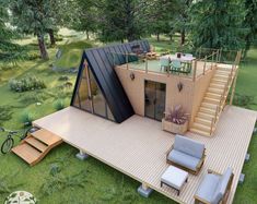 an artist's rendering of a tiny house in the woods