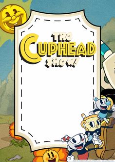 the cuphead show logo with cartoon characters around it and a large sign in front