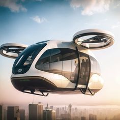 a futuristic vehicle flying over a city with tall buildings