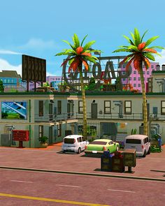 an animated city scene with cars parked on the street and palm trees in the foreground