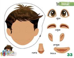 the paper doll is showing how to make it look like he has brown hair and big eyes