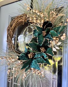 This handcrafted green and gold poinsettia Christmas wreath brings a touch of elegance to your holiday decor. Gold frosted pine forms the base, while exquisite green poinsettia blooms add a shimmering contrast. Delicate accents of frosted berries create a festive yet sophisticated look. Perfect for hanging on your front door or above the fireplace, this wreath captures the spirit of the season with its beautiful blend of natural beauty and holiday glamour. Elegant Holiday Decor, Poinsettia Wreath, Winter Magic, Seasonal Wreaths, Door Wreath Hanger, Poinsettia, Door Wreaths, Green And Gold, Front Door