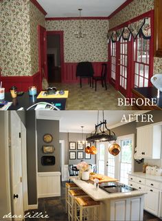 before and after pictures of a kitchen remodel with red painted walls, white cabinets, and wood flooring