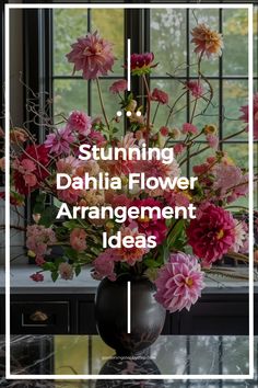 Stunning bouquet of dahlias and other flowers in a vase, placed on a kitchen counter with a window in the background. Dahlia Arrangements Wedding, Large Dahlia Arrangement, Dinner Plate Dahlia Bouquet, Dahlia Flower Arrangements Centerpieces, Dalia Arrangements, Dahlia Arrangements Simple, Fall Dahlia Arrangements, Bouquet Arrangements Ideas, Dahlia Floral Arrangements