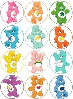 six different colored teddy bears are arranged in circles on a white background, each with an individual's name