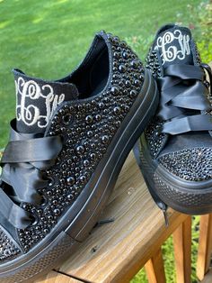 "Platform Converse with Rhinestones & mixed pearls encrusted all over the shoe. ! I can change the look of this shoe by doing all rhinestones or changing colors of pearls and rhinestones. Just message me. Converse site states the platform is 1\" I can also do other colors shoes. I can do whatever converse sells. I can change the personalization too ! Almost anything can go on the tongues. Names, dates, I Do Please give detailed instructions in your order. These shoes will sparkle and get noticed Elegant Embellished Sneakers For Wedding, Converse With Rhinestones, Converse Bride, Embroidered Wedding Shoes, Wedding Tennis Shoes, Rhinestone Converse, Bridal Converse, Bedazzled Shoes, Bling Converse