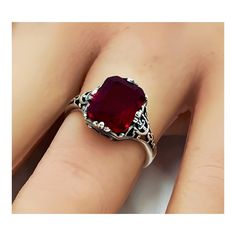 Vintage Deep Red Emerald Cut Solitaire Sim. Ruby in 925 Solid - Etsy Terri Clark, Emerald Cut Solitaire, Red Gemstone Ring, Filigree Jewelry, Metallic Nails, Diamond Brooch, Red Gemstones, Red Band, Sterling Silver Filigree