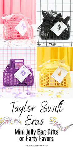 four different types of party favors with the words taylor swift and mini jelly bag gifts or party favors