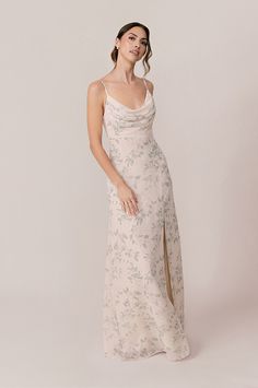 Model: Lindsey; Size: 4; Color: Champagne Bouquet Space Garden, Wedding Parties Colors, Jade Dress, Watercolor Patterns, Background Space, Dreamy Aesthetic, Large Floral Print, Ditsy Print, Chiffon Floral