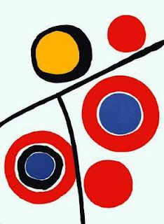 an abstract painting with blue, yellow and orange circles