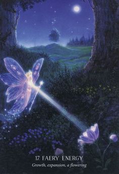 a fairy with purple wings flying through the air next to a tree and grass field