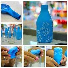 the collage shows blue bottles with designs on them