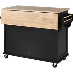 a kitchen island on wheels with a butcher block top and drawer underneath the cutting board