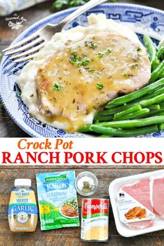 crock pot ranch pork chops on a blue and white plate with gravy