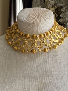 "Rare GORGEOUS Designer William Delillo Wm De lillo Etruscan Style Ornate Collar Bib Bold Runway Statement Necklace Signed Gold Tone. Box style clasp Very good condition with light signs of wear and use Measures approx 15\" inner circumference **small size neck** Weighs approx 239g" Vase Necklace, Fredericksburg Va, Aztec Fashion, Pewter Color, Bib Necklaces, Jewelry Lookbook, Gold Necklace Layered, Beaded Choker Necklace, Beaded Choker