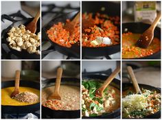 several pictures of food being cooked in different pans