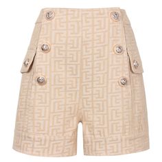 Our Cia Shorts are made of high-quality Jacquard fabric with a monogram pattern. High-waisted shorts are embellished with gold buttons and side pockets and can be opened/closed with snap buttons. Pair this piece with a white bodysuit and the matching blazer.Material Composition: 75% cotton. 25% polyster Luxury Shorts With Belt Loops, Beige Buttoned Shorts, Two Piece Set Pants, A Monogram, Ribbed Mini Dress, Monogram Pattern, White Bodysuit, Silver Dress, Jacquard Fabric