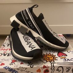 Worn Few Times Only Size 38 With Box Designer Black Slip-on Custom Sneakers, Dolce Gabbana Shoes, Trending Sneakers, Womens Shoes Sneakers, Black Silver, Dolce And Gabbana, Shoes Sneakers, Women Shoes, Sneakers