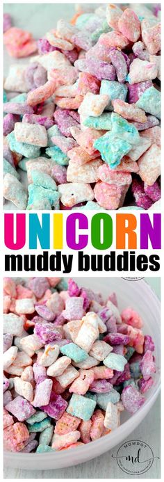 unicorn muddy buddies in a white bowl with the words unicorn muddy buddies on top and bottom