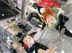 an anime scene with many people on the street and one person holding up his hand