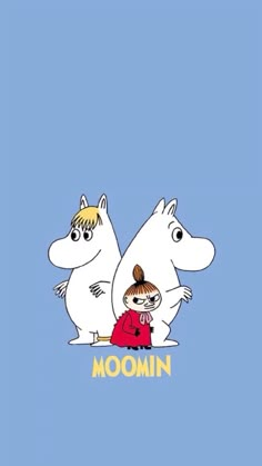 the moomin family is standing together in front of a blue background