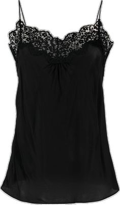 Black Sleeveless Top With Contrast Lace, Elegant Sleeveless Tops With Contrast Lace, Black Sleeveless Lace Top With Contrast Lace, Contrast Lace Tops For Summer Night Out, Contrast Lace Tops For Night Out In Summer, Black Cami Top With Contrast Lace, Chic Top With Contrast Lace And Spaghetti Straps, Black Lace Tops With Delicate Straps, Black Spaghetti Strap Tops For Daywear