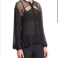 Sheer Button-Down Silk Shirt With Mesh And Net Inserts. Round Neck, Puff Sleeves With Elasticized Cuffs. Concealed Front Pocket, Relaxed Fit, 100% Silk. Size: Xxs, Fits Like Xs Black Office Top With Sheer Sleeves, Black Button-up Blouse With Sheer Sleeves, Black Sheer Sleeves Button-up Blouse, Designer Black Tops With Button Closure, Designer Black Sheer Top, Designer Black Blouse For Spring, Designer Black Tops With Buttons, Designer Black Blouse For Fall, Designer Black Blouse For Office