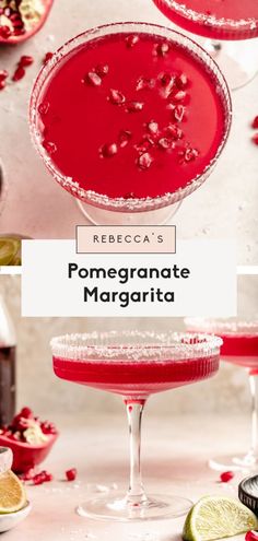 pomegranate margarita with limes and garnishes on the rim