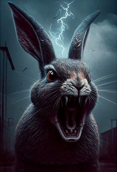 a rabbit with its mouth open and lightning in the background