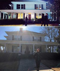 two photos side by side one shows a house and the other shows people walking in front of it