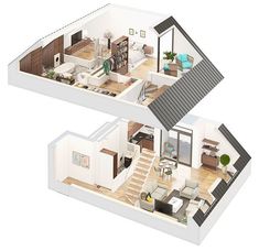 two floor plans of a house with living room, dining area and kitchen in the middle