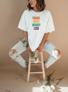 Travel T-Shirt, Travel More Worry Less Shirt, Travel Lover Gift, Globetrotter Shirt, Travel Quote T-Shirt * Unisex sizes * regular fit for casual wear * 100% cotton 🌍 Our shop is the ticket to relive your wanderlust moments. From the cozy streets of Prague to the bustling markets of Marrakech 🌟 Our shirts are made for your adventures, whether you're going for a hike or exploring a new cafe 🌺 Each piece has a story. It is like a travel diary - a memory of the sunset over the sea or the unexpec Oversized Aesthetic, Minimal Typography, Panda Shirt, Typography Shirts, Busy Mum, Aesthetic T Shirts, Pregnancy Outfits, Baby Reveal, Baby T Shirts