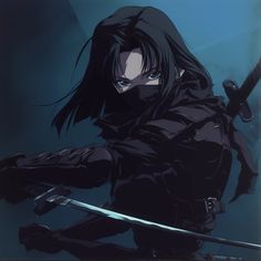 an anime character with long black hair holding two swords