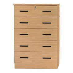 a wooden chest of drawers with black handles