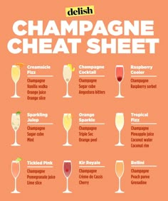 a poster with different types of champagnes in glasses on an orange background that says, champagne