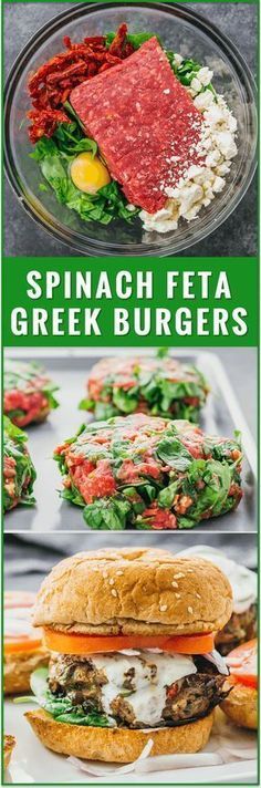 spinach, feta and greek burgers with text overlay