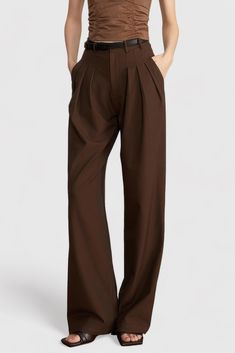 These tasteful pleated trousers feature a casual-wide leg, high waist and hidden closure, these trousers offer chic style with ease. Belt loops complete the look, giving you the perfect balance of comfort and fashion.Fabric: Cotton, Polyester Pleated Trousers Outfit, Summer Academia, Brown Trousers, Fall Winter Wardrobe, Pleated Trousers, Easy Trendy Outfits, Pleated Pants, Knitwear Tops, Swimwear Cover Ups